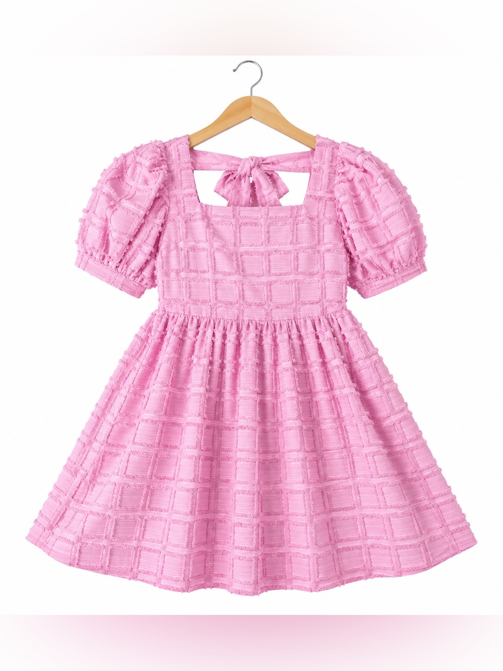 BiBi Pink Textured Mini Dress M Puff Sleeve Bow Back Coquette Babydoll Barbie